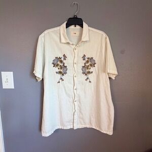 Folk Mens Cream Cotton Linen Floral Embroidered Short Sleeve Button Down Shirt L